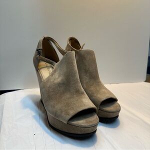 BRAND NEW Via Spiga Taupe Suede Peep-Toe Platform Wedges